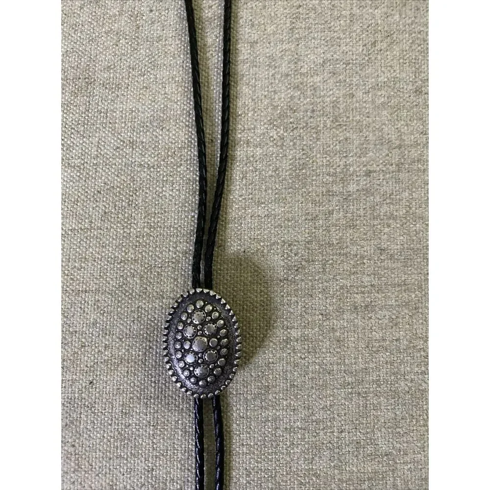 Vtg MCM Brutalist Silver Plate Bolo Tie Black Leather Western Modernist
